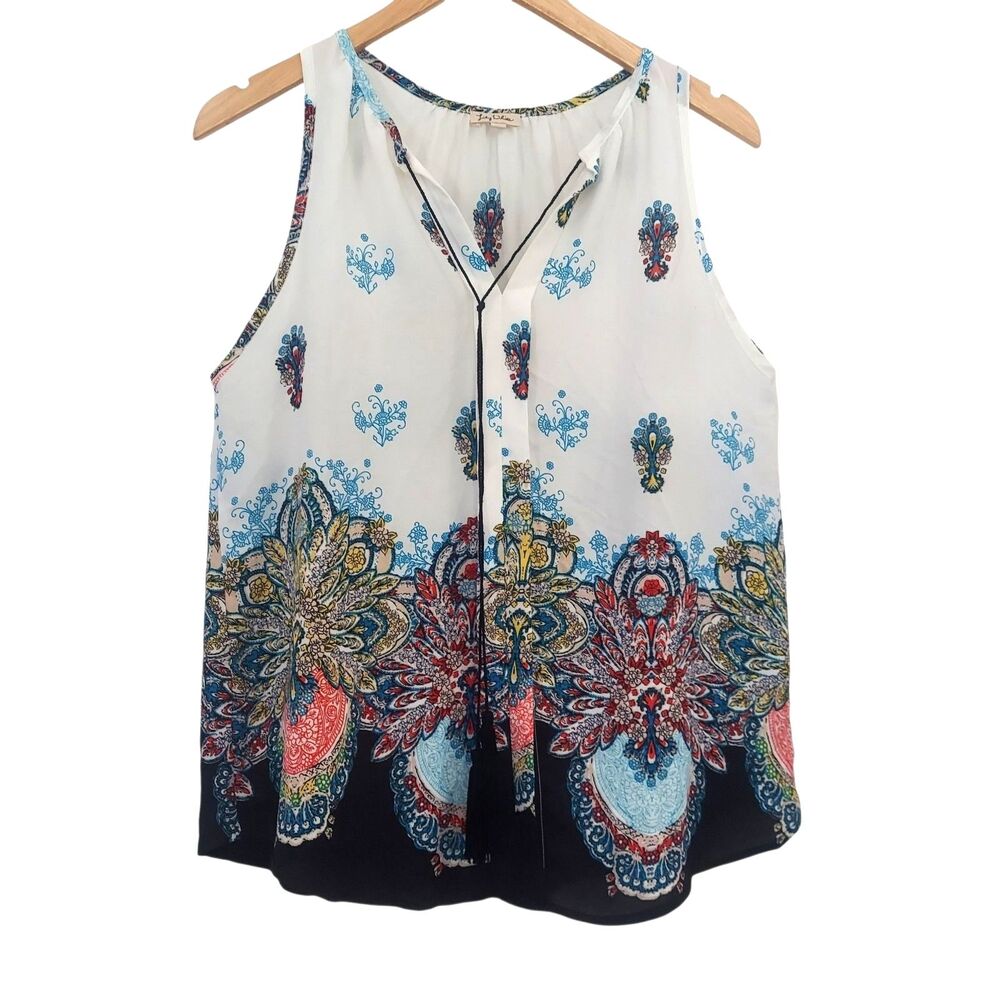 Lily White Women's Medium Sleeveless Blouse White Floral Print V-Neck Tassels